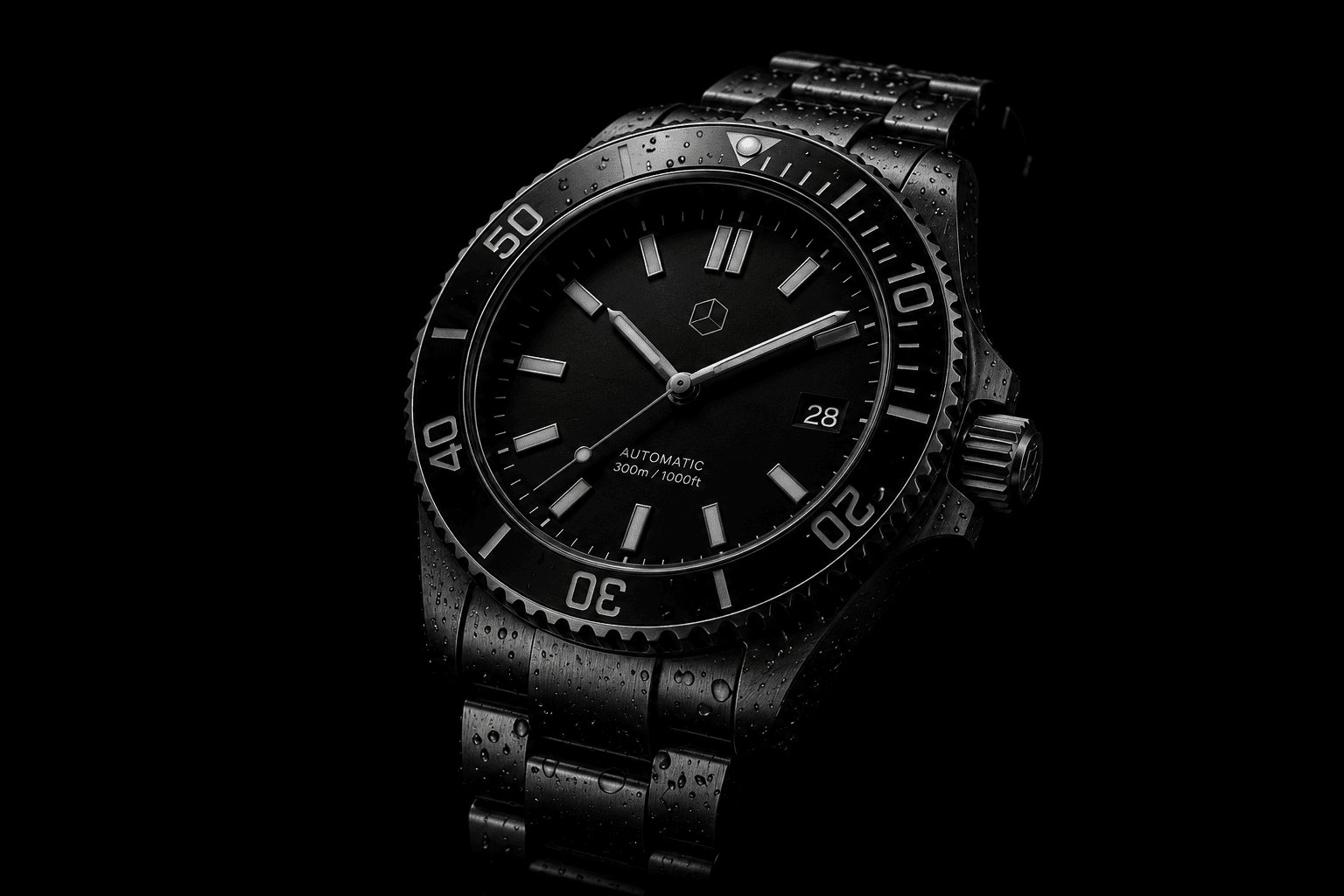 Black luxury dive watch with bezel, indices, hands, and water droplets